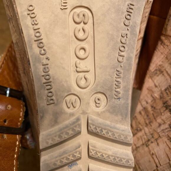 Crocs A-Leigh Brown Leather Slingback Cork Wedge Sandals - Picture 6 of 8